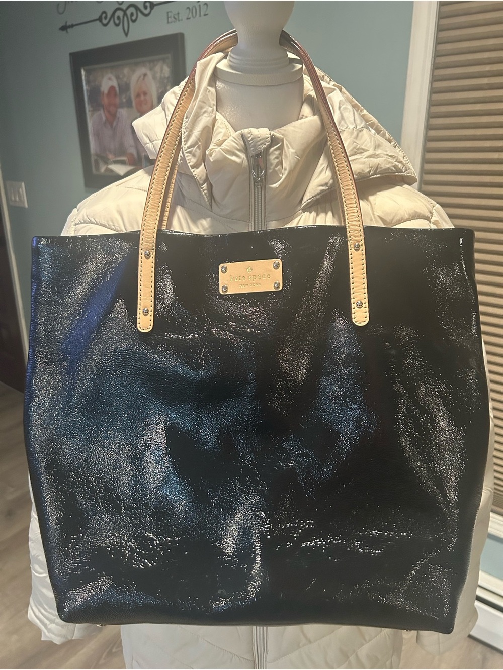 kate spade Black Patent Tote with Tan Leather Handles